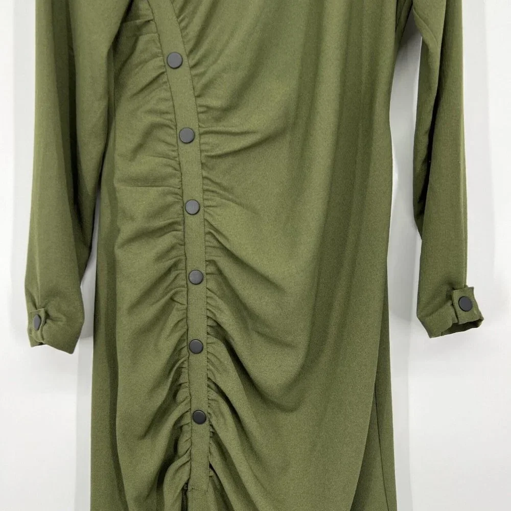 Zara Dress Green Button Front Crepe Long Sleeve Draped Midi - Picture 4 of 11